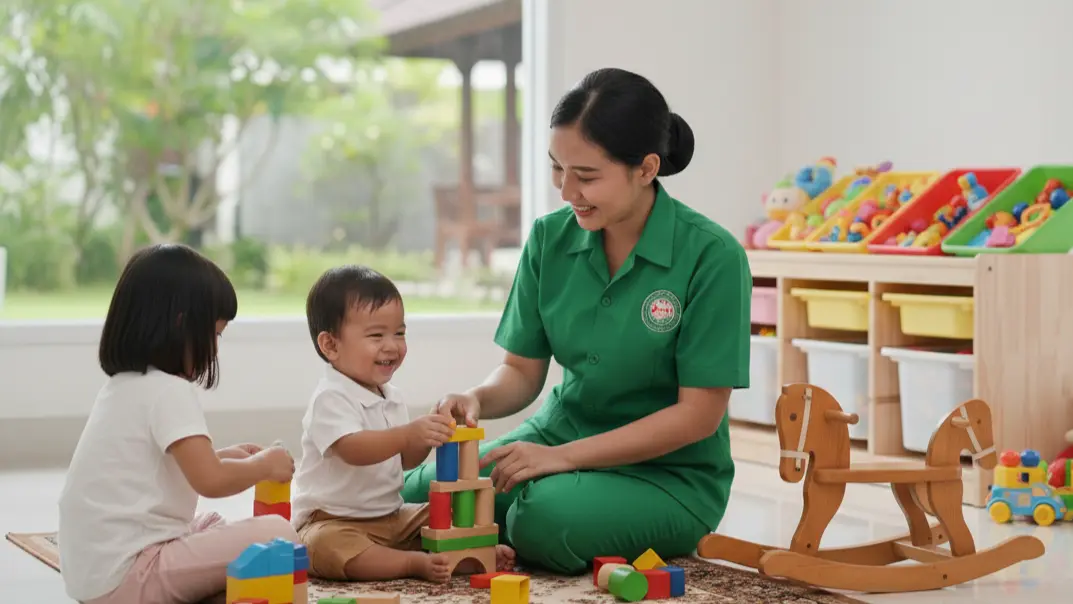 Seorang baby sitter profesional dari PT Jasa Mandiri sedang mendampingi anak-anak